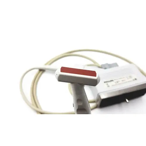 Gray and red philips 21390a compact linear array probe featuring a sleek ergonomic ultrasound transducer design