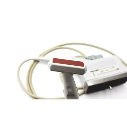 Gray and red philips 21390a compact linear array probe featuring a sleek ergonomic ultrasound transducer design