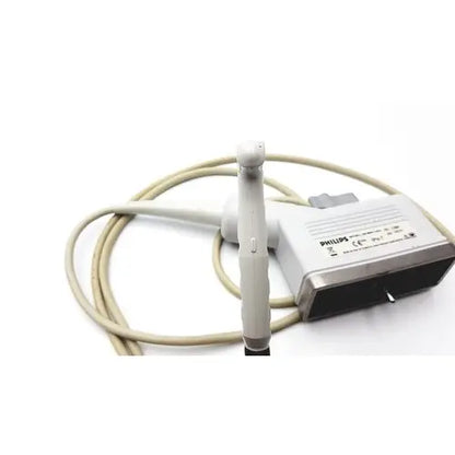 Philips 21390a compact linear ultrasound probe with white and gray handheld transducer and beige power unit