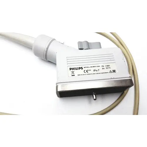 White Philips 21390a compact linear array probe with gray grip and metallic connector for medical ultrasound use