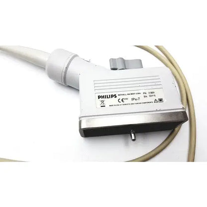 White Philips 21390a compact linear array probe with gray grip and metallic connector for medical ultrasound use