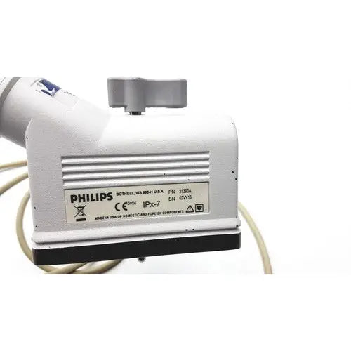 Philips 21390a compact linear array probe with white and black casing and a gray knob on top for medical imaging