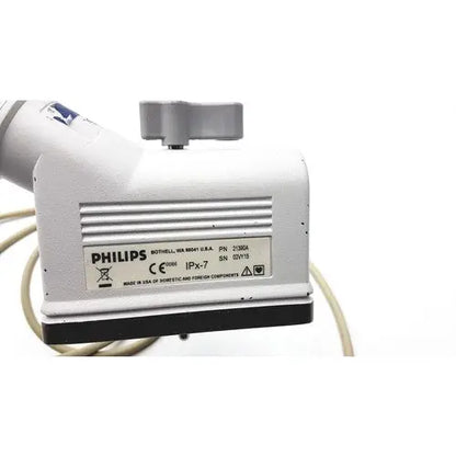 Philips 21390a compact linear array probe with white and black casing and a gray knob on top for medical imaging