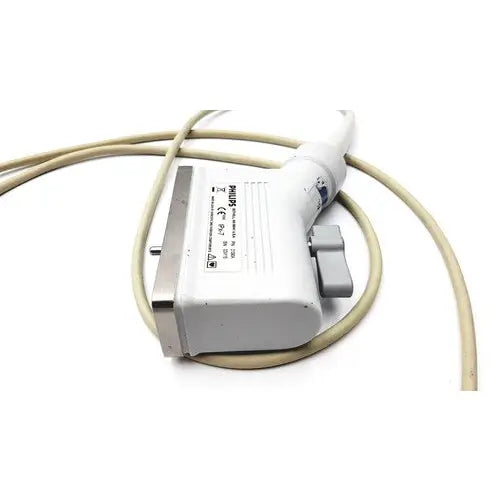 Philips 21390a compact linear array probe white transducer with beige cable and gray trigger button for ultrasound use