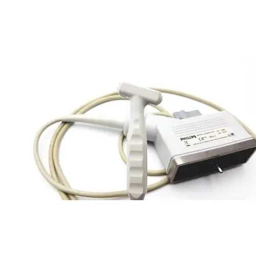 Philips 21390a compact linear array probe with a white handle and beige cable designed for medical ultrasound imaging
