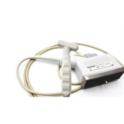 Philips 21390a compact linear array probe with a white handle and beige cable designed for medical ultrasound imaging