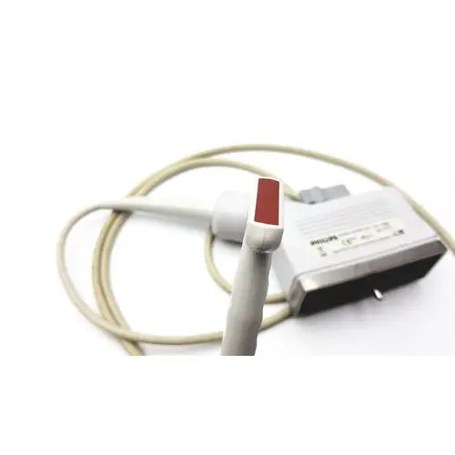 Philips 21390a compact linear array probe with white handle red tip connected to matching power adapter