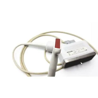 Philips 21390a compact linear array probe with white handle red tip connected to matching power adapter