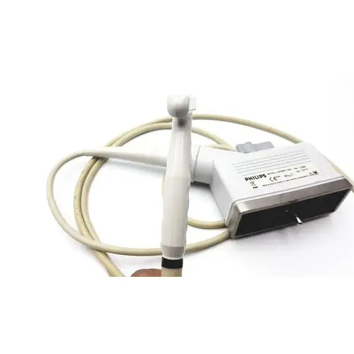 White philips 21390a compact linear array probe with curved transducer and coiled beige cable for ultrasound imaging