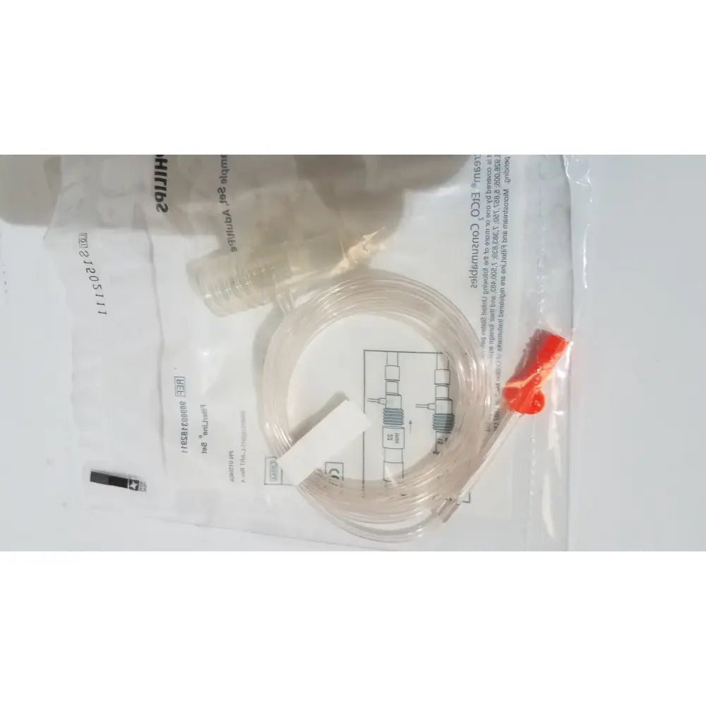 Philips 989803182911 microstream filterline set with clear plastic tubing red cap white connectors in transparent bag for medical use