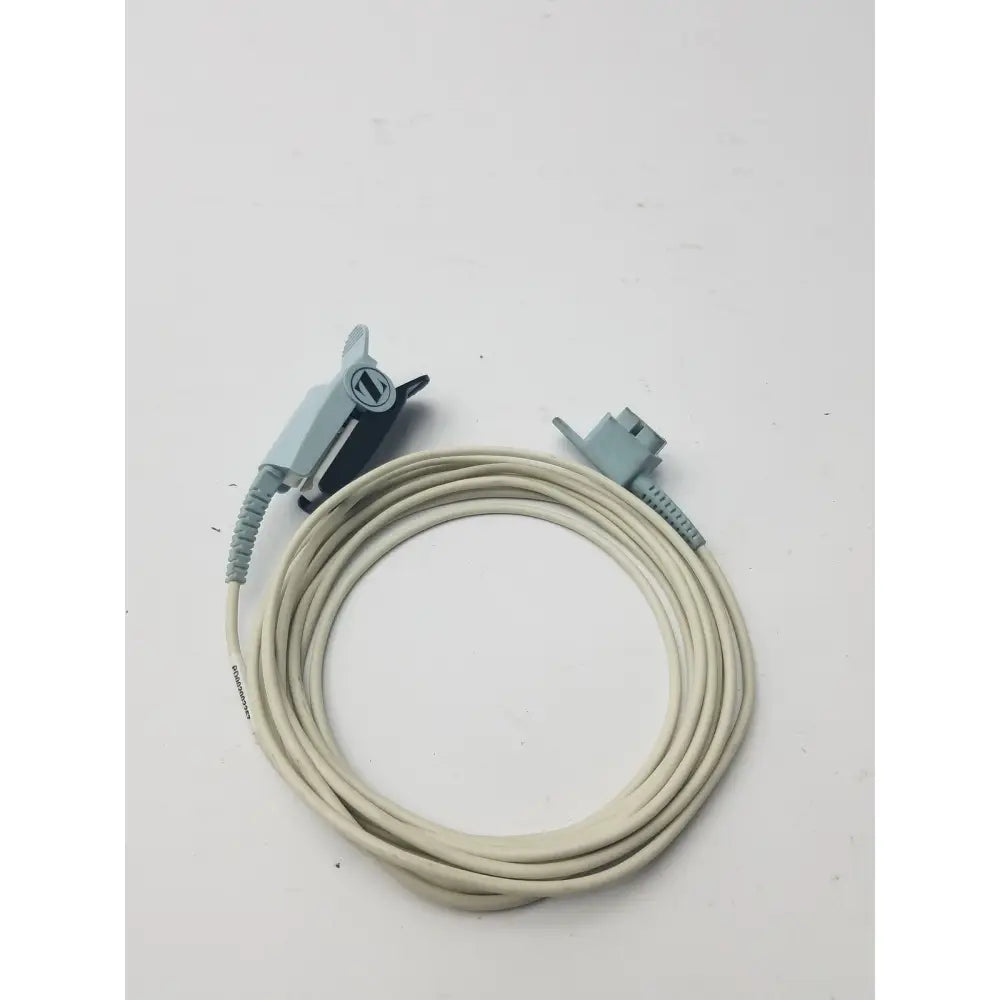 A coiled beige philips adult finger spo2 sensor cable with a gray clip-on connector and rectangular 9 pin plug