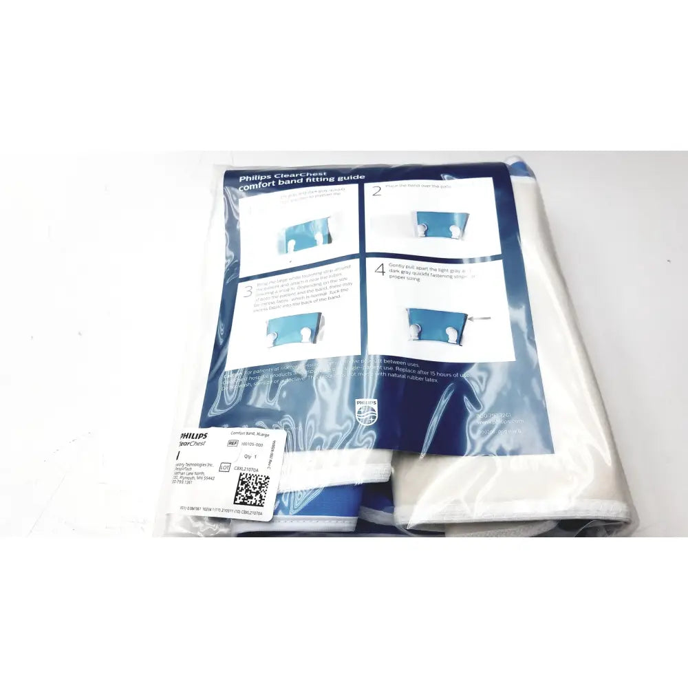 Philips clear chest comfort band fitting guide in blue and white plastic package for chest comfort band xl size