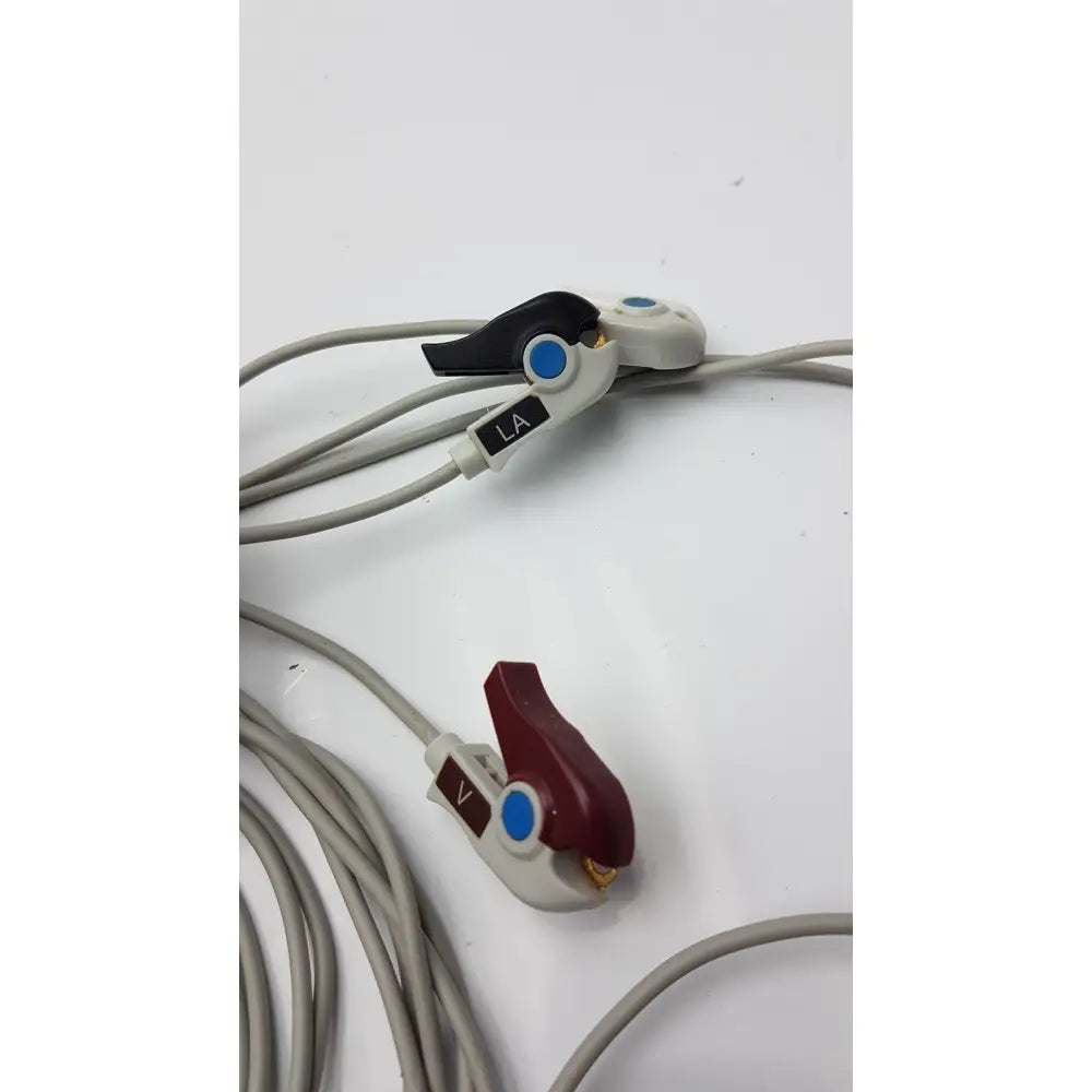 Philips compatible ECG lead cable 5-lead with black and maroon clips labeled la and v connected by gray cables