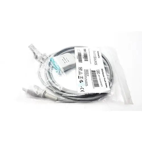 Gray coiled philips hp style cable with 5 leads 12 pins plug aha and white label with barcodes and symbols