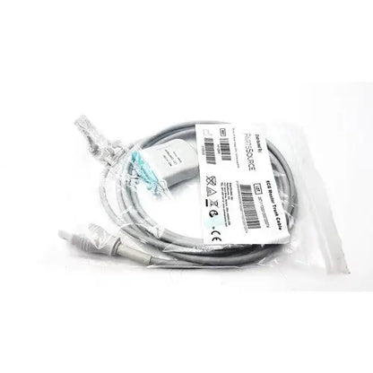 Gray coiled philips hp style cable with 5 leads 12 pins plug aha and white label with barcodes and symbols