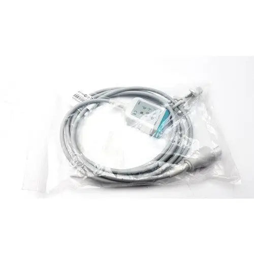 Gray coiled philips hp style cable with white and teal control module and 12 pins plug aha, sealed in clear plastic packaging