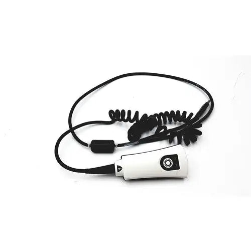 White handheld philips hs-1 series barcode scanner with black coiled cable and side button for reuse medical settings