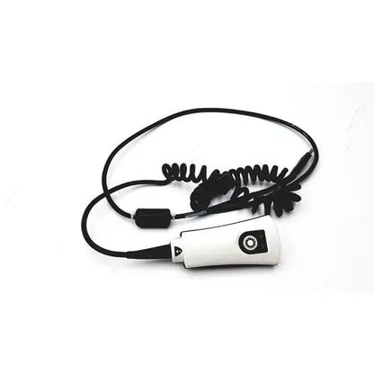 White handheld philips hs-1 series barcode scanner with black coiled cable and side button for reuse medical settings
