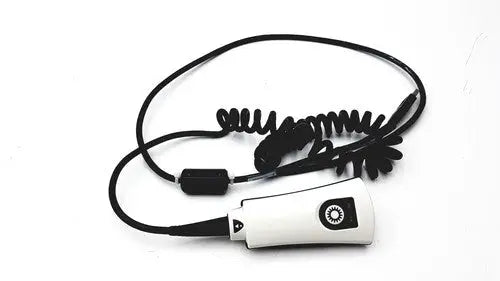 White handheld philips hs-1 series barcode scanner with black coiled cable and side button for reuse medical settings