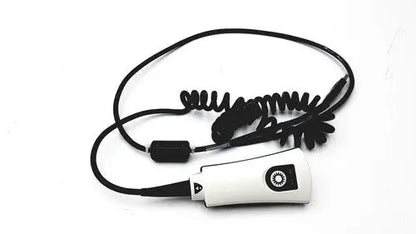 White handheld philips hs-1 series barcode scanner with black coiled cable and side button for reuse medical settings