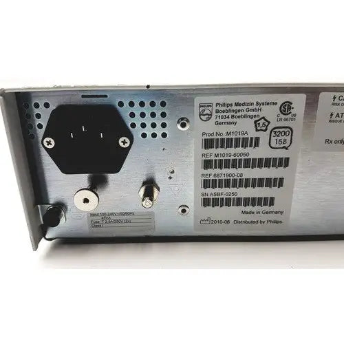 Back panel of silver metallic philips intellivue g5 m1019a anesthesia gas monitor module with power input and certification marks