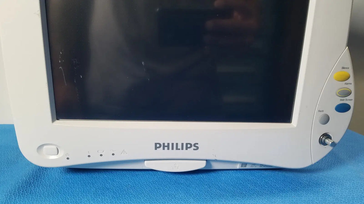 White Philips IntelliVue M8105A patient monitor with glossy screen and control buttons on right side for medical use