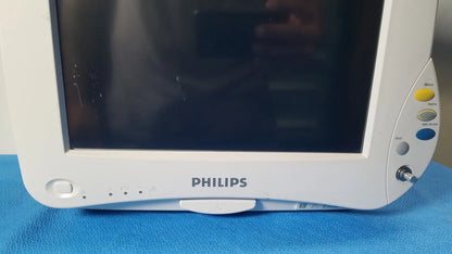 White Philips IntelliVue M8105A patient monitor with glossy screen and control buttons on right side for medical use