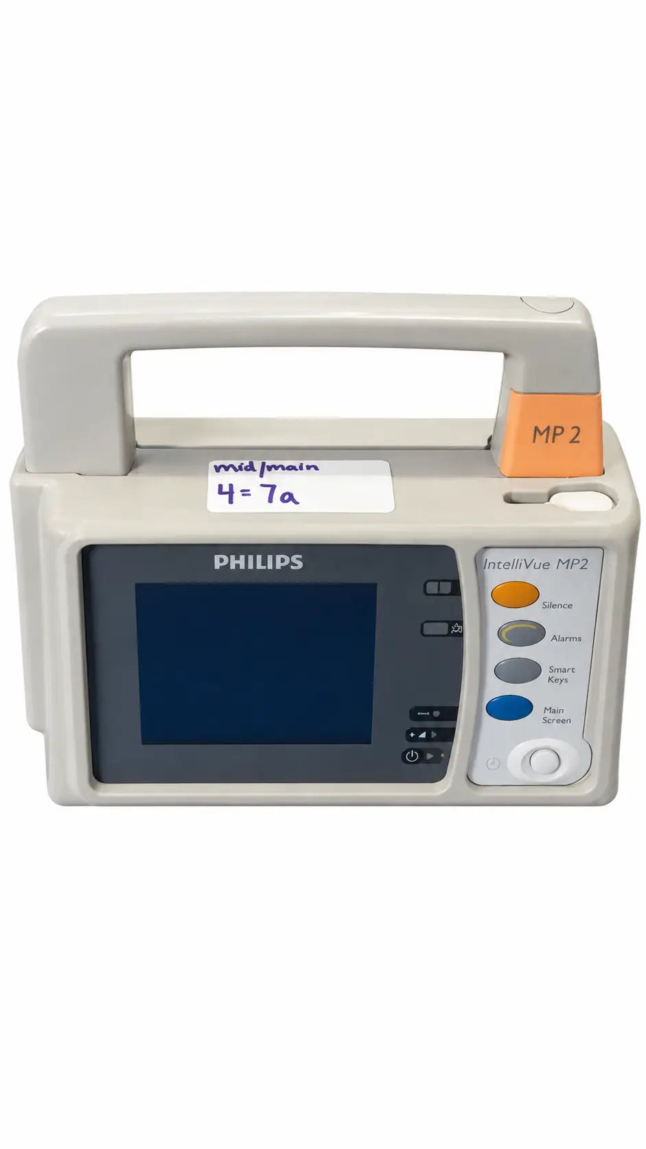 Gray Philips IntelliVue MP2 portable patient monitor with handle orange accent and color-coded control buttons