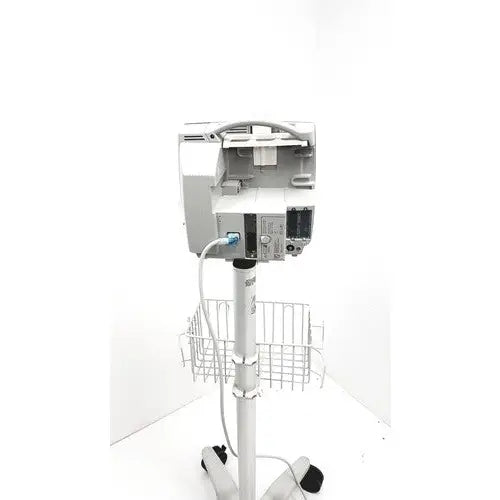Silver philips intellivue mp30 medical imaging device mounted on a wheeled stand with wire basket for mobility