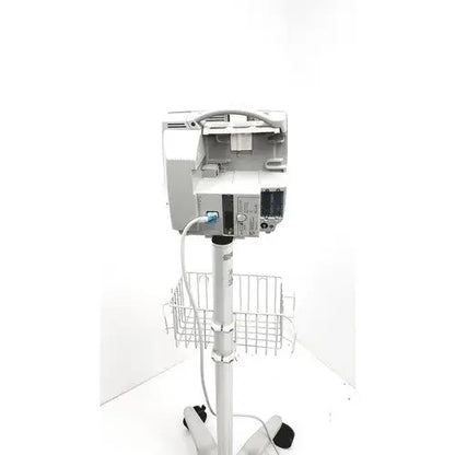 Silver philips intellivue mp30 medical imaging device mounted on a wheeled stand with wire basket for mobility