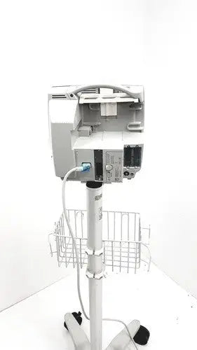 Silver philips intellivue mp30 medical imaging device mounted on a wheeled stand with wire basket for mobility