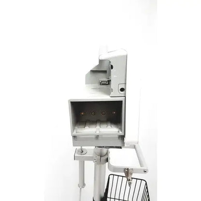 Silver metallic philips intellivue mp30 m4605a medical imaging machine with rectangular housing and four circular ports open front