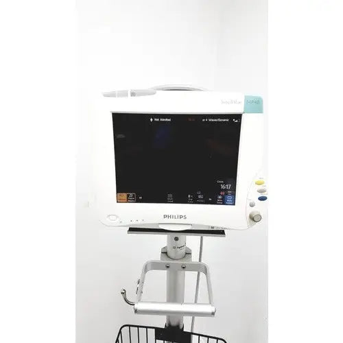 White philips intellivue mp30 m4605a patient monitor with black screen and control buttons on right side with stand
