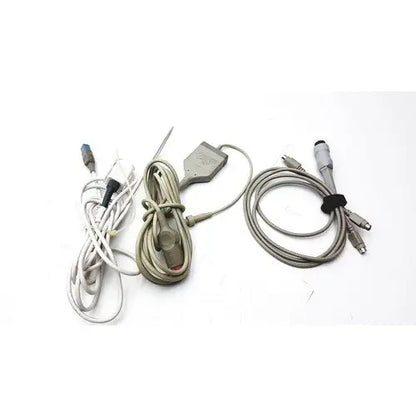 Gray coiled cables with various connectors and a small adapter for the philips intellivue mp30 m4605a medical monitor