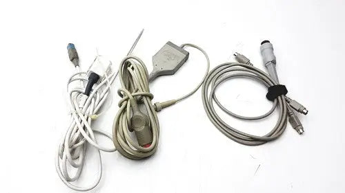Gray coiled cables with various connectors and a small adapter for the philips intellivue mp30 m4605a medical monitor