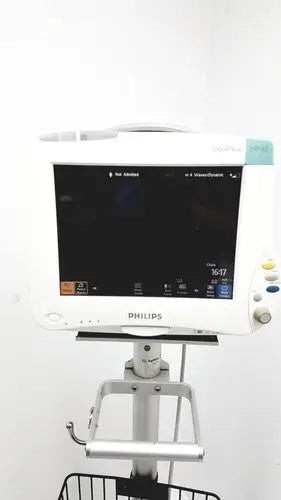 White philips intellivue mp30 m4605a patient monitor with black screen and control buttons on right side with stand