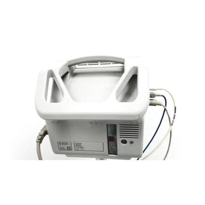 White plastic philips intellivue mp5 patient monitor with integrated handle and multiple connected cables on rolling stand
