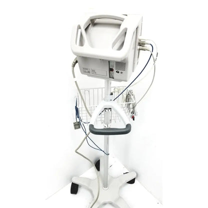 White philips intellivue mp5 patient monitor mounted on a wheeled stand with wire basket and multiple cables