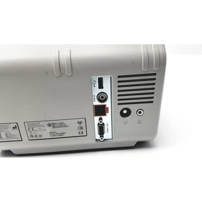Back side of gray plastic philips intellivue mp5sc touch screen patient monitor with usb port audio jacks and ventilation slits