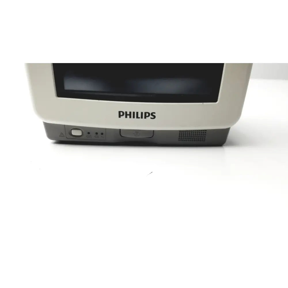 Beige philips intellivue mp5sc touch screen patient monitor with dark screen and gray base in working condition