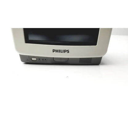 Beige philips intellivue mp5sc touch screen patient monitor with dark screen and gray base in working condition