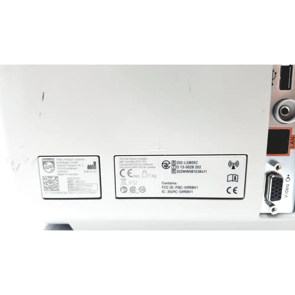 White plastic back panel of philips intellivue mp5sc touch screen patient monitor with regulatory labels and ports