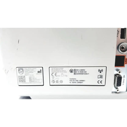 White plastic back panel of philips intellivue mp5sc touch screen patient monitor with regulatory labels and ports