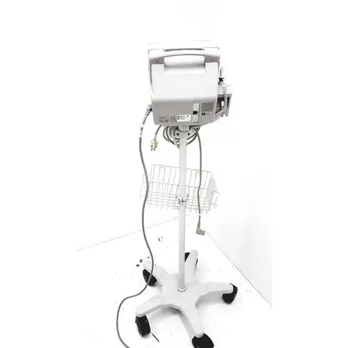 White philips intellivue mp5t healthcare monitor mounted on wheeled stand with wire basket for medical use