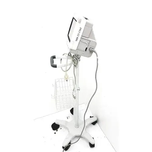 Gray medical-grade surgical light unit on a wheeled stand with basket for philips intellivue mp5t healthcare monitor use