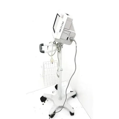 Gray medical-grade surgical light unit on a wheeled stand with basket for philips intellivue mp5t healthcare monitor use