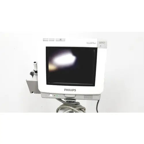 White philips intellivue mp5t healthcare monitor with black screen and silver accents for clinical use