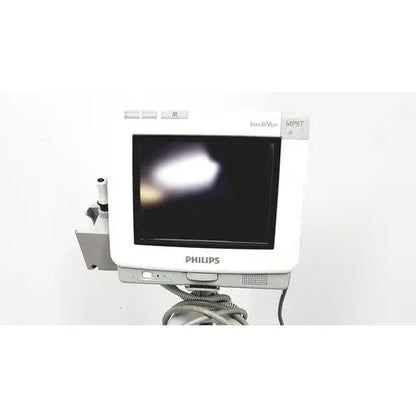White philips intellivue mp5t healthcare monitor with black screen and silver accents for clinical use