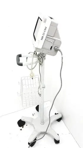 Gray medical-grade surgical light unit on a wheeled stand with basket for philips intellivue mp5t healthcare monitor use