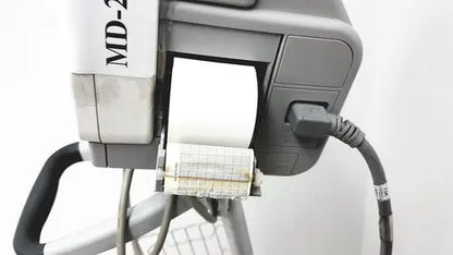 Gray md-20 label printer with white paper roll and black cable for philips intellivue mp5t healthcare monitor use